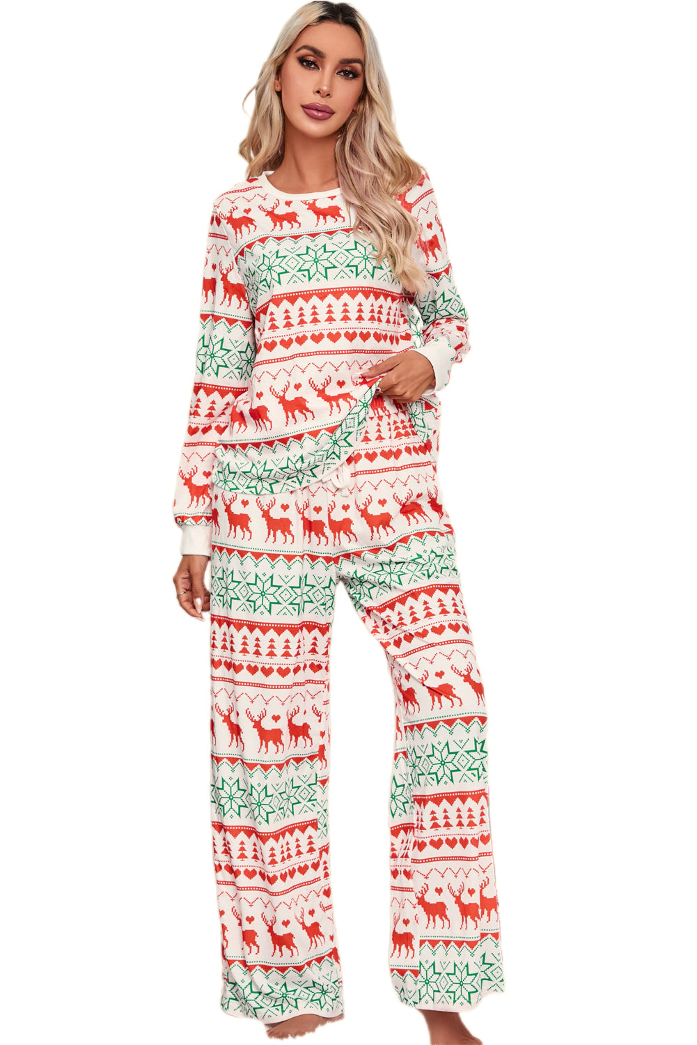 Bright White Christmas Print Pullover and Pants Lounge Set