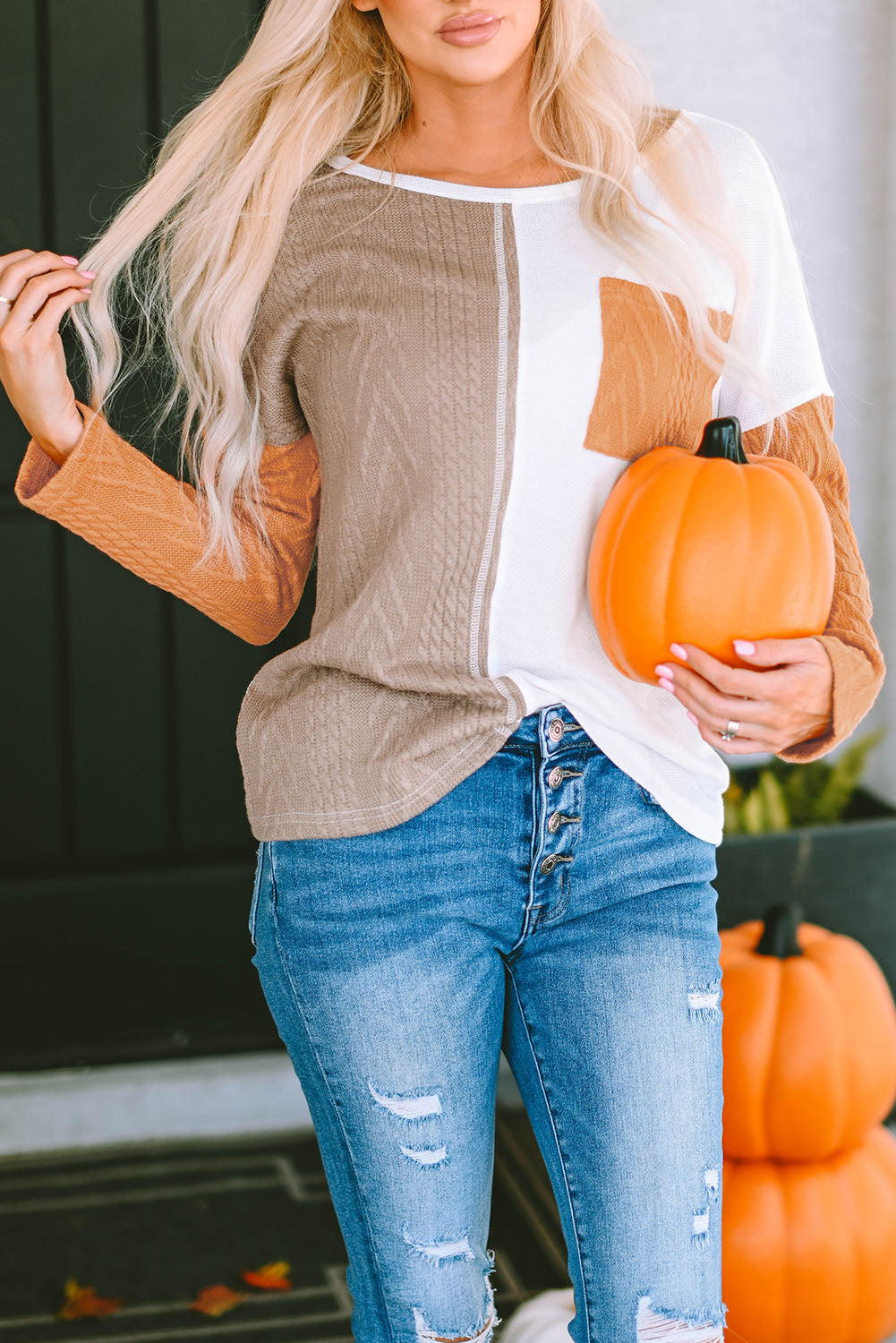 Orange Long Sleeve Colorblock Chest Pocket Textured Knit Top