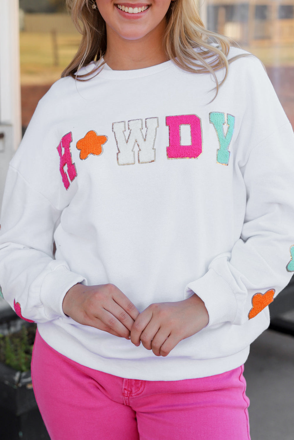 White Glitter Howdy Patch Graphic Casual Sweatshirt