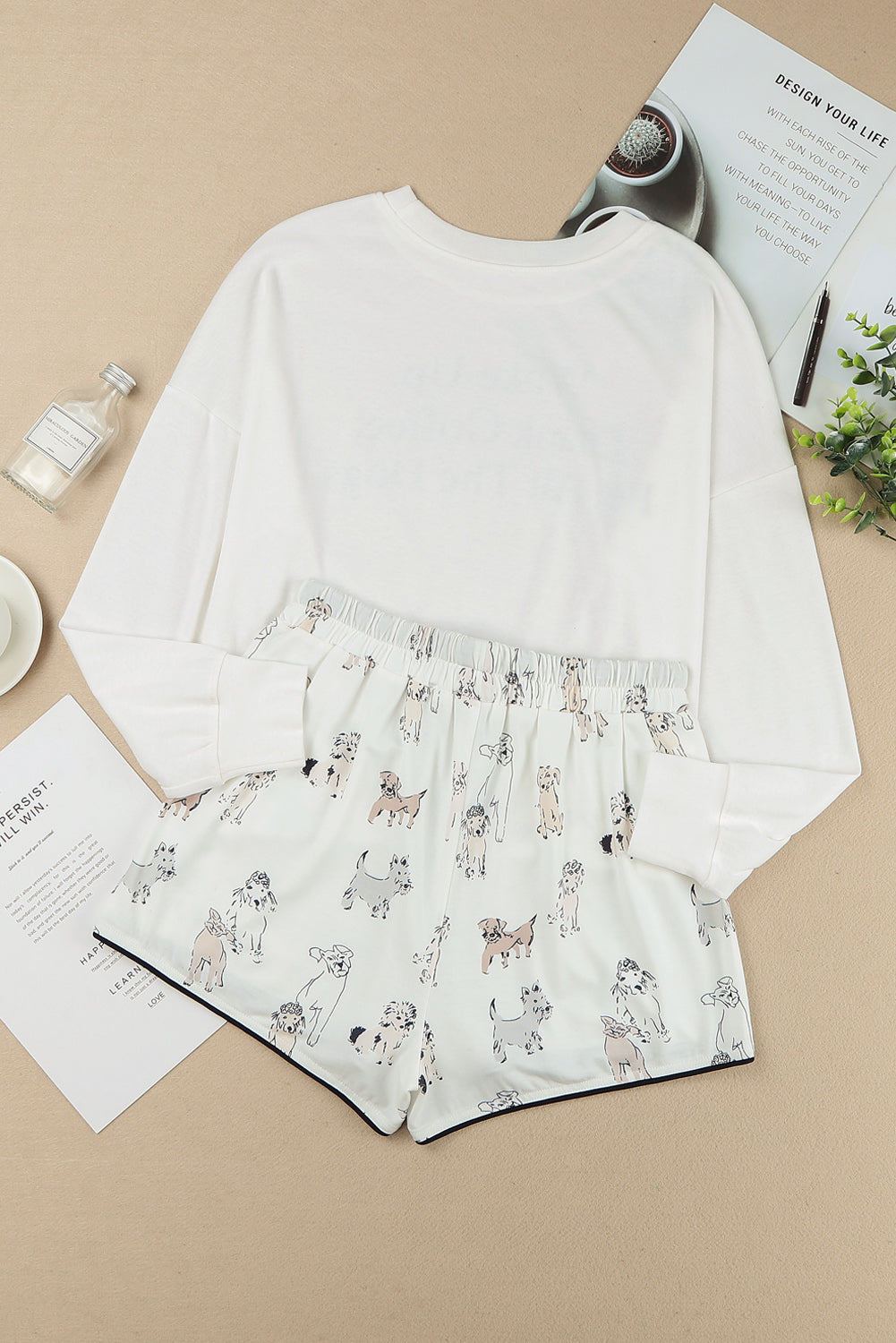 White Long Sleeve Letters Pullover and Animal Shorts Lounge Set