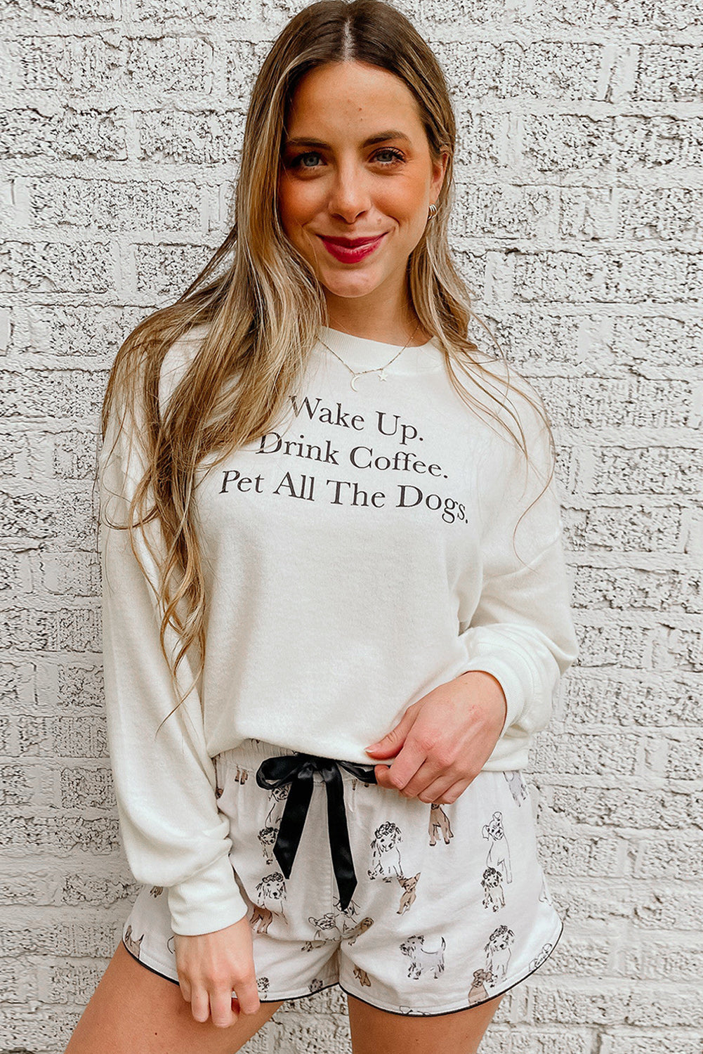 White Long Sleeve Letters Pullover and Animal Shorts Lounge Set