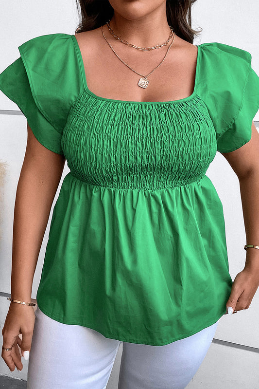 Green Ruffle Tiered Short Sleeve Plus Size Babydoll Top