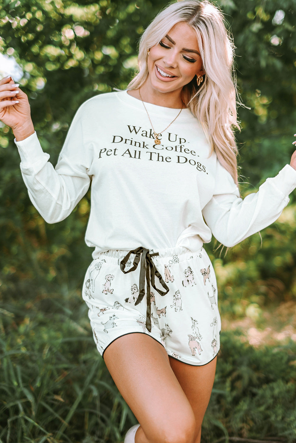 White Long Sleeve Letters Pullover and Animal Shorts Lounge Set